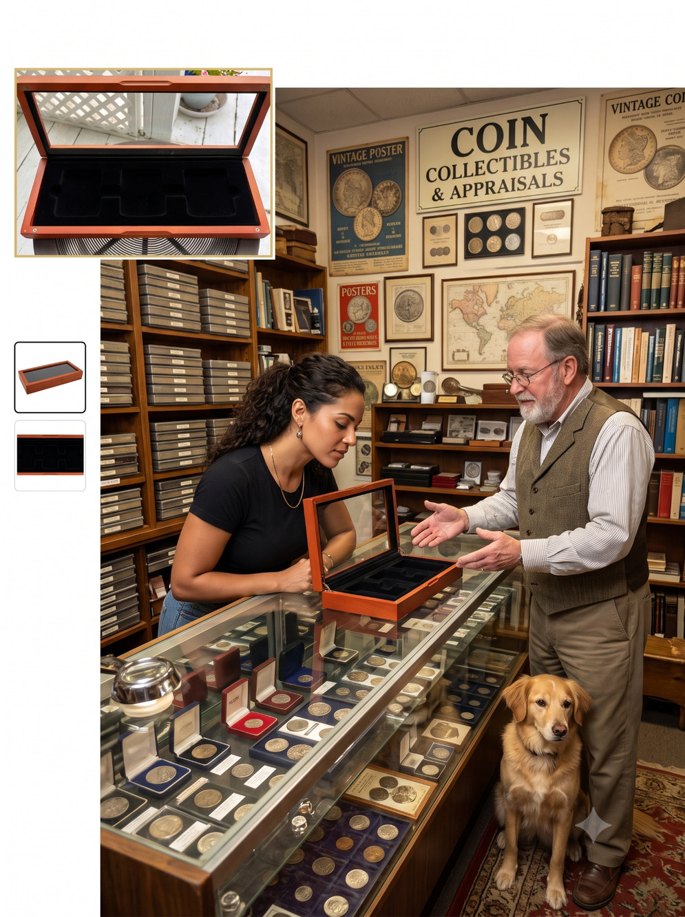 Guardhouse 3-Slab Wooden Coin Display Box Glass Top Mahogany Finish Case - LN